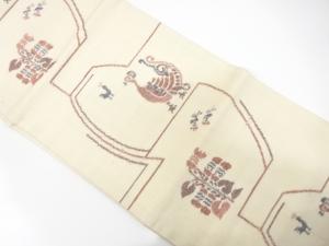 手織り紬　花鳥模様織り出し　名古屋帯